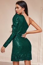 Load image into Gallery viewer, Sequin One-Shoulder Fringe Hem Dress