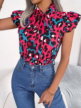 Load image into Gallery viewer, Leopard Tie Neck Cap Sleeve Blouse