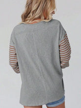 Load image into Gallery viewer, Round Neck Striped Long Sleeve Slit T-Shirt