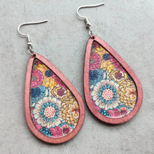 Load image into Gallery viewer, Floral Wood Teardrop Earrings