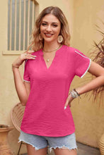 Load image into Gallery viewer, Contrast Trim Pom-Pom Detail Notched Neck Blouse