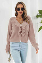 Load image into Gallery viewer, Ruffle Trim Button-Down Dropped Shoulder Sweater