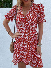 Load image into Gallery viewer, Floral Surplice Ruffle Hem Mini Dress
