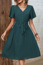 Load image into Gallery viewer, Buttoned V-Neck Flutter Sleeve Pleated Dress