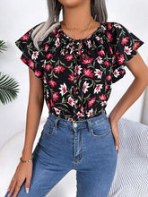 Load image into Gallery viewer, Floral Tie Neck Flutter Sleeve Blouse