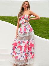 Load image into Gallery viewer, Floral Tie Front Cropped Top and Spliced Lace Skirt Set
