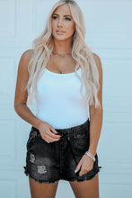 Load image into Gallery viewer, Elastic Waist Distressed Raw Hem Denim Shorts