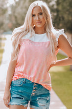 Load image into Gallery viewer, Striped Lace Trim Flutter Sleeve Top