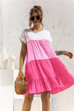 Load image into Gallery viewer, Color Block Round Neck Ruffle Hem Dress