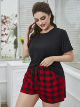 Load image into Gallery viewer, Plus Size Round Neck Tee Shirt and Plaid Shorts Lounge Set