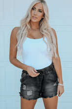 Load image into Gallery viewer, Elastic Waist Distressed Raw Hem Denim Shorts