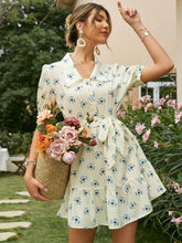 Load image into Gallery viewer, Floral Buttoned Lace Trim Mini Dress