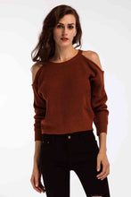 Load image into Gallery viewer, Double Take Round Neck Cold-Shoulder Ribbed Sweater