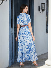 Load image into Gallery viewer, Floral Print Lapel Collar Short Sleeve Maxi Dress