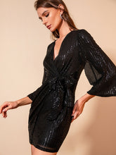 Load image into Gallery viewer, Sequined Tie-Waist Surplice Mini Wrap Dress