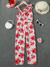 Load image into Gallery viewer, Floral Asymmetrical Neck Tie Belt Jumpsuit