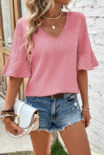 Load image into Gallery viewer, Textured V-Neck Flounce Sleeve Blouse