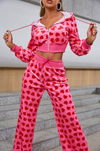 Load image into Gallery viewer, Heart Print Velour Zip Up Cropped Jacket and Pants Set