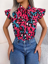 Load image into Gallery viewer, Leopard Tie Neck Cap Sleeve Blouse