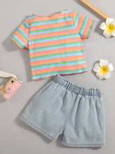 Load image into Gallery viewer, Girls Striped T-Shirt and Button Fly Denim Shorts
