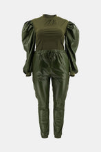 Load image into Gallery viewer, Plus Size Puff Sleeve Spliced Top and Drawstring Waist Joggers Set