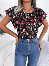 Load image into Gallery viewer, Floral Tie Neck Flutter Sleeve Blouse