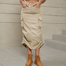 Load image into Gallery viewer, Drawstring Ruched Slit Denim Midi Skirt