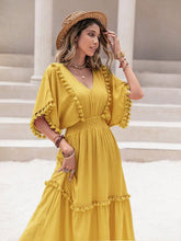 Load image into Gallery viewer, Tassel Trim Smocked V-Neck Short Sleeve Dress