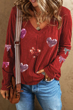 Load image into Gallery viewer, Sequin Heart V-Neck Long Sleeve T-Shirt