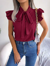 Load image into Gallery viewer, Tie Neck Cap Sleeve Blouse
