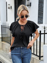 Load image into Gallery viewer, Eyelet Tie Neck Flutter Sleeve Blouse