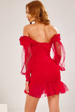 Load image into Gallery viewer, Beaded Off-Shoulder Mesh Sleeve Ruffle Hem Mini Dress