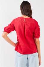 Load image into Gallery viewer, Mustard Yellow Eyelet Crochet Embroidery Front Short Puff Sleeve Detail Round Neck Relaxed Top