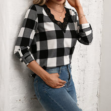 Load image into Gallery viewer, Plaid Lace Trim V-Neck Long Sleeve Tee