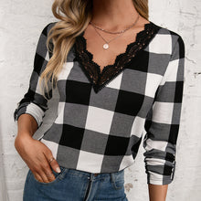 Load image into Gallery viewer, Plaid Lace Trim V-Neck Long Sleeve Tee