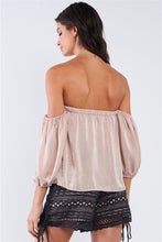 Load image into Gallery viewer, Solid Tan Beige Elegant Satin Loose Fit Off-The-Shoulder Balloon Midi Sleeve Cropped Top