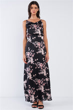 Load image into Gallery viewer, Black Multicolor Satin Floral Print Sleeveless V-Neck Self-Tie Back Detail Tube Maxi Dress