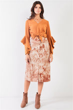 Load image into Gallery viewer, Camel Fuzzy Long Ruffle Sleeve V-Neck Self-Tie Front Detail Cropped Top