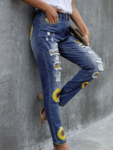 Load image into Gallery viewer, Leopard Patchwork Sunflower Print Distressed High Waist Jeans