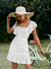 Load image into Gallery viewer, Pompom Trim Lace Spliced Mini Dress