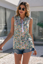 Load image into Gallery viewer, Floral Tie-Neck Frill Trim Sleeveless Top