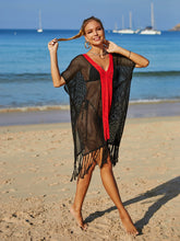 Load image into Gallery viewer, Contrast Fringe Trim Openwork Cover-Up Dress