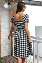 Load image into Gallery viewer, Gingham Smocked Ruffle Sleeve Slit Midi Dress