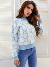 Load image into Gallery viewer, Checkerboard Ribbed Trim Crewneck Sweater