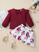 Load image into Gallery viewer, Girls Waffle Bow Detail Top and Floral Skirt Set