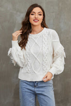 Load image into Gallery viewer, Fringe Trim Mixed Knit Balloon Sleeve Sweater