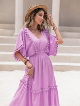 Load image into Gallery viewer, Tassel Trim Smocked V-Neck Short Sleeve Dress
