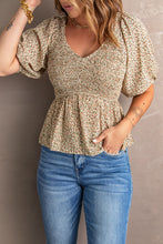Load image into Gallery viewer, Smocked Balloon Sleeve Peplum Blouse
