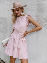 Load image into Gallery viewer, Tie-Waist Ruched Frill Trim Tiered Mini Dress