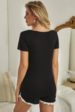 Load image into Gallery viewer, Short Sleeve Henley Top and Contrast Lace Shorts Lounge Set
